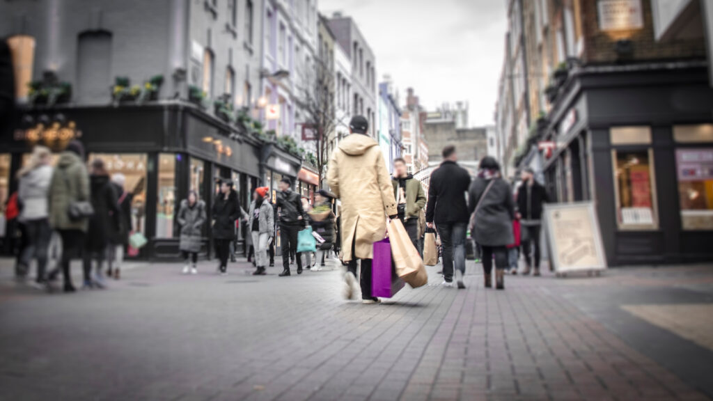 Demographic data - Person in a coat carrying shopping bags on a busy street with lots of people.


